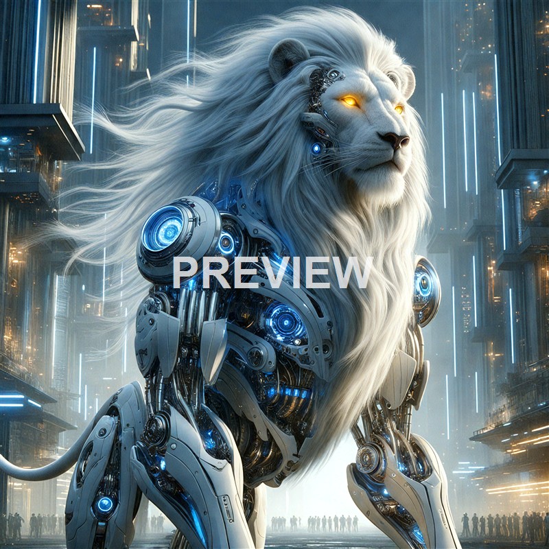 A majestic lion with a robotic body and glowing yellow eyes, set against a futuristic cityscape with tall buildings and neon lights.